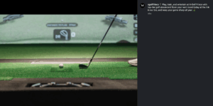 Instagram screenshot for X-Golf Frisco that is of a golf club zoomed in with the indoor simulator in the back 